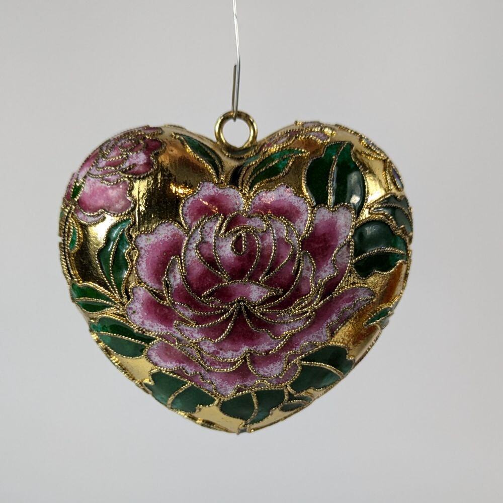 Cloisonne Heart Flower Christmas Ornament 3" Vtg Holiday Tree Decor Gold Pink